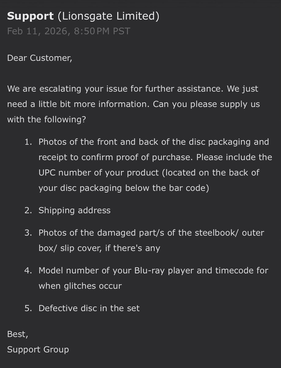 joshdean's tweet photo. .@Lionsgate I’ve already provided you with photos of the damage to the product I purchased. Just replace it. You don’t need this amount of info. https://t.co/Vk9PlrXzBn