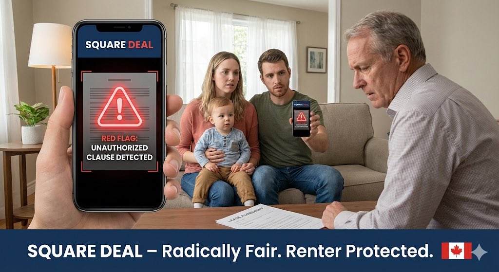 SquareDealAI's tweet image. See that red flag? 🚩 We just saved this family from a bad lease clause.
Don't sign until you scan. Radically Fair. Renter Protected. 🛡️🇨🇦 #SquareDeal #AlbertaRenters