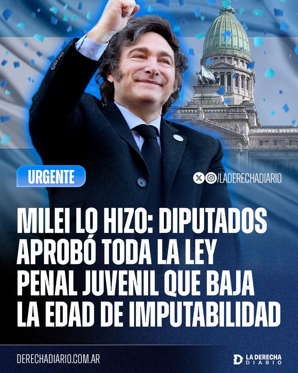 🚨🇦🇷 | #URGENTE MILEI LO HIZO: La Cámara de Diputados aprobó en su totalidad la Ley Penal Juvenil que bajará la edad de imputabilidad para terminar con la impunidad de los delincuentes menores de edad, y ahora será enviada al Senado para su aprobación definitiva.