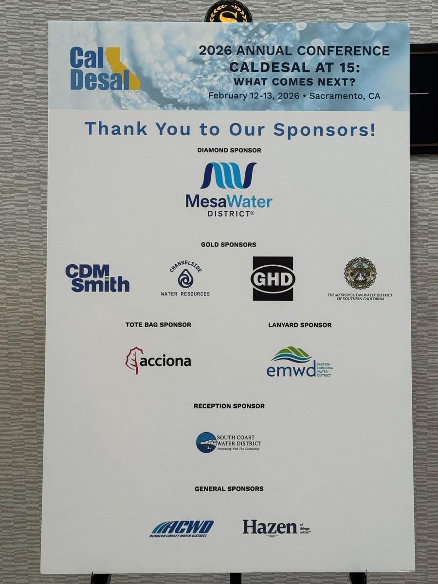 CalDesal_Org's tweet photo. The 2026 CalDesal Annual Conference is underway in Sacramento.

We thank our sponsors, speakers, and attendees for a strong first day. Congratulations to our award recipients!
#CalDesal #CaliforniaWater https://t.co/cRF0dr969W