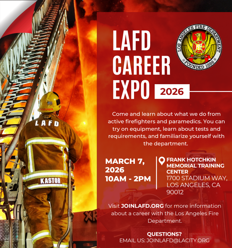 LAFDtalk's tweet photo. Join us at the LAFD Career Expo on March 7, 2026 at Frank Hotchkin Memorial Training Center to meet firefighters, specialists, and recruiters.
Visit https://t.co/aKiey6rXOz to register.
#LAFD #LAFDCareers #JoinLAFD #FireService #PublicService https://t.co/x73U1bOshm