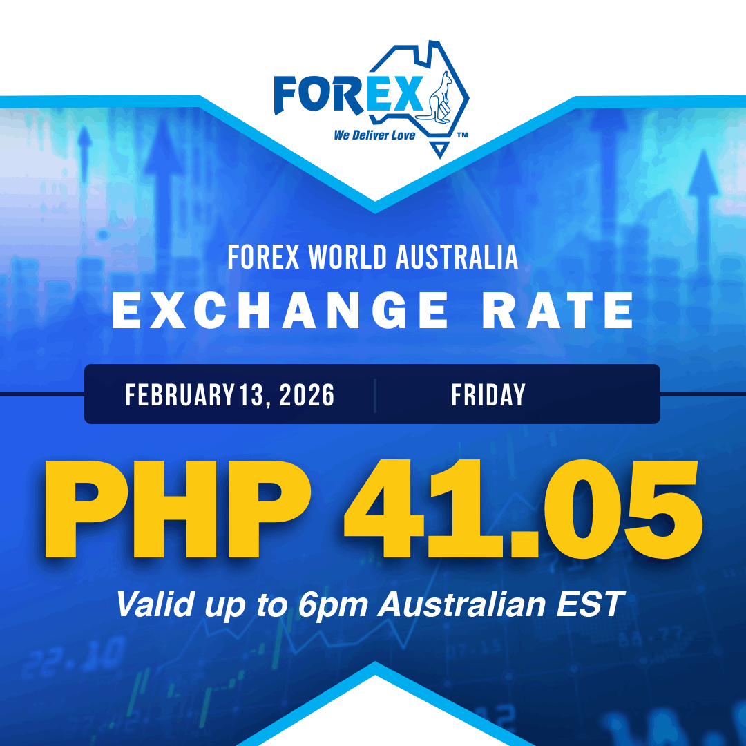 Forex World Australia Exchange Rate February 13, 2026 (Friday) is PHP 41.05 valid up to 6pm Australian EST.
tinyurl.com/67yjdjc9