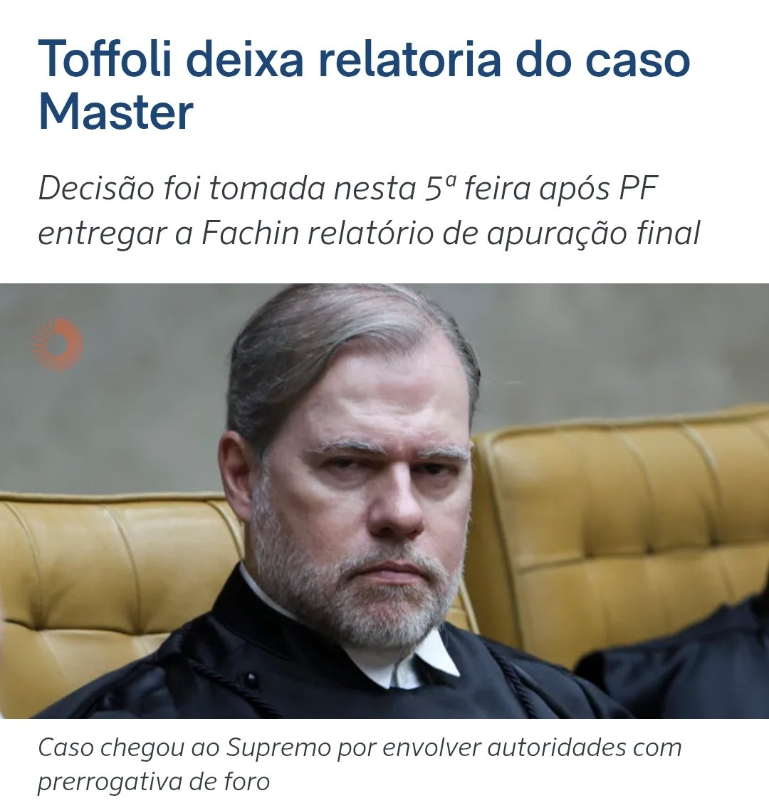 CASO MASTER: Após uma longa reunião com todos os ministros, solicitada por Edson Fachin, o ministro Dias Toffoli deixa a relatoria do caso. Conforme manda o rito do STF, um novo relator deve ser sorteado.

#BancoMaster <a href="/Poder360/">Poder360</a>