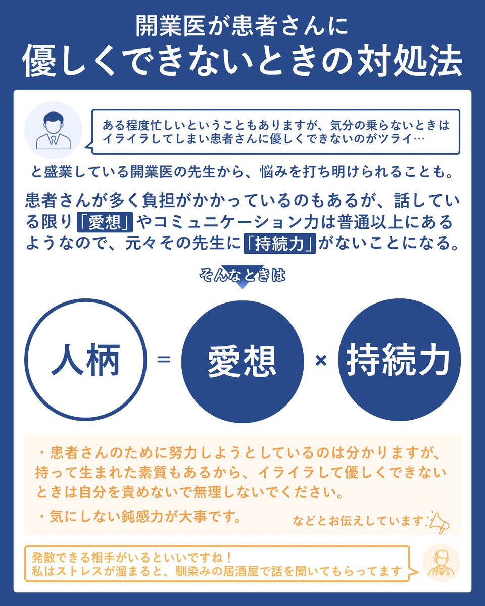 hasuikerintaro's tweet photo. 【開業医が患者さんに優しくできないときの対処法】 開業医が陥りがちな落とし穴【第8回】

盛業している開業医の先生から、 「ある程度忙しいということもありますが、気分の乗らないときはイライラしてしまい、患者さんに優しくできないのがツライ」 と悩みを打ち明けられることがあります。

患者さんが多く負荷がかかっているということもあるのでしょうが、 話している限りでは、「愛想」やコミュニケーション力は普通以上にあるようなので、元々その先生に「持続力」がないということになります。

そんなときは、「人柄」＝「愛想」×「持続力」の公式があり、 「患者さんのために努力しようとしているのはわかりますが、持って生まれた素質もあるから、イライラして優しくできないときは自分を責めないで無理しないでください」 「気にしない鈍感力が大事です」 などとお伝えしています。 開業医同士だからこそわかる悩みかもしれません。

なかなか愚痴を言う相手もいないかもしれませんが、発散できる相手がいるといいですね。

私もストレス溜まると、馴染みの居酒屋で愚痴を聞いてもらってます。