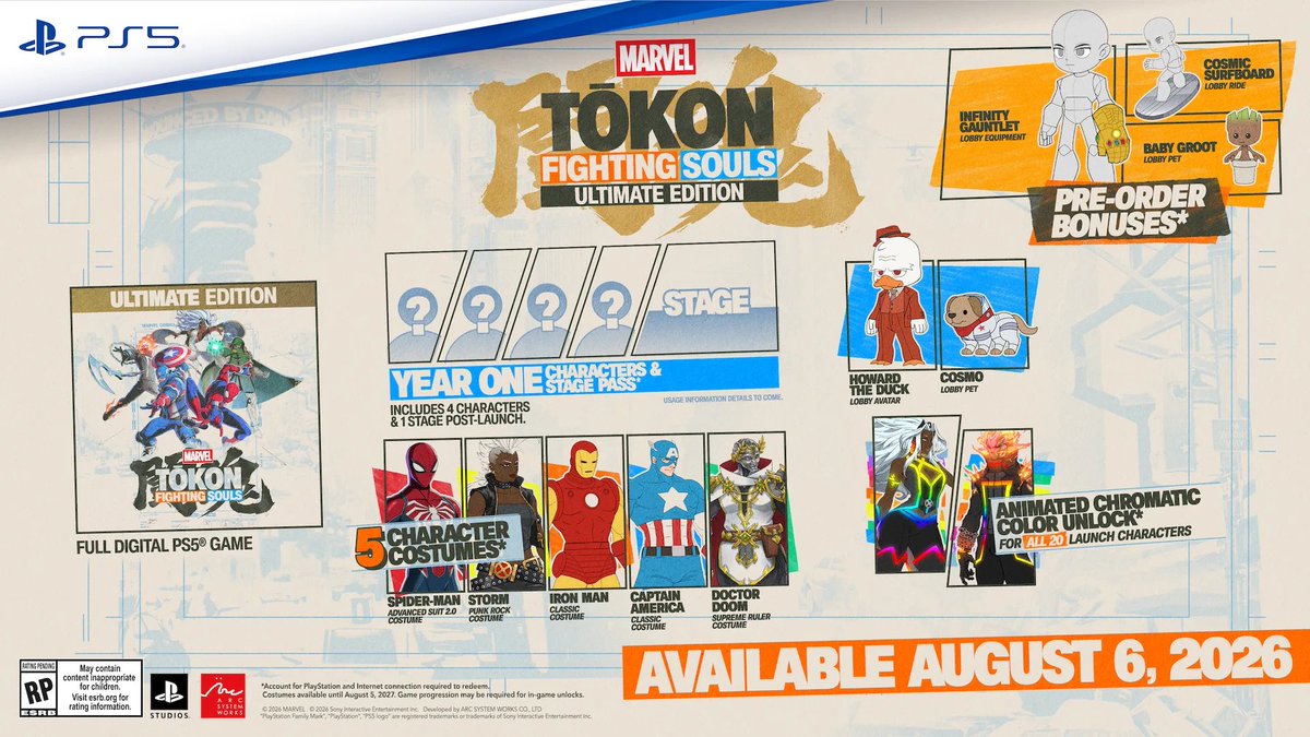 MARVEL Tōkon: Fighting Souls

PLAYSTATION 5 AND PC
AUGUST 6TH, 2026

Standard Edition: $59.99 USD
Digital Deluxe Edition: $84.99 USD
Ultimate Edition: $99.99 USD

• 20 playable characters at launch, 4 DLC characters in Year One pass, Episode Mode single player story &amp; more!