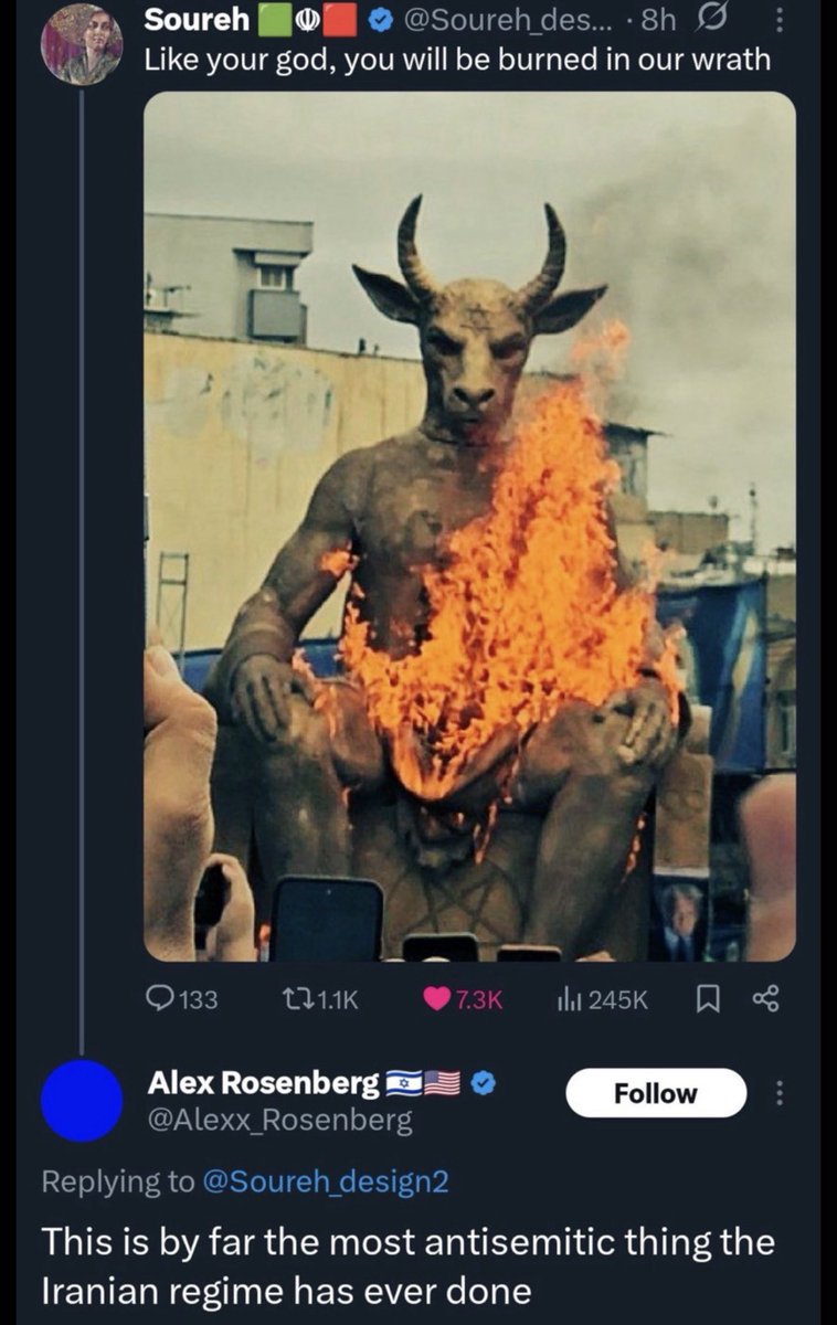 cirnosad's tweet photo. Iran weakened the Baal Moloch egregore significantly by burning statues of him.
It created a huge amount of spiritual damage to that demonic demigod. 

It needs to keep doing this and spread this worldwide. https://t.co/0KBDZwu8p2