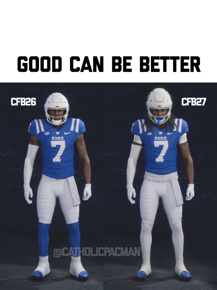 True Likeness™️

for all

<a href="/QueSeanBrown1/">Que’sean Brown</a> in his old Duke uniform 🔥

- shorter short-sleeves with the disconnected shooter sleeves

- MULTIPLE COLOR OPTIONS for leg sleeves and undershirts

- THINNER SPATS 🚨

- RAISED and TILTED helmet

- attached mouthpiece

- upgraded hair