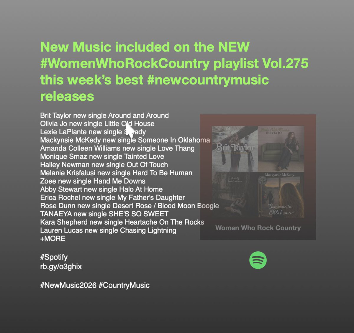 New Music included on the NEW #WomenWhoRockCountry playlist Vol.275 this week’s best #newcountrymusic releases 
<a href="/AmandaCWilliams/">Amanda Colleen Williams</a>
<a href="/Hailey_Newman/">Hailey Newman</a>
<a href="/ZoeeMusic/">Zoee</a>
<a href="/abbystewart01/">Abby Stewart</a>
<a href="/KaraShepherd12/">Kara Shepherd</a>
<a href="/laurenlucas7/">Lauren Lucas</a>

#Spotify
rb.gy/o3ghix

#NewMusic2026 #CountryMusic