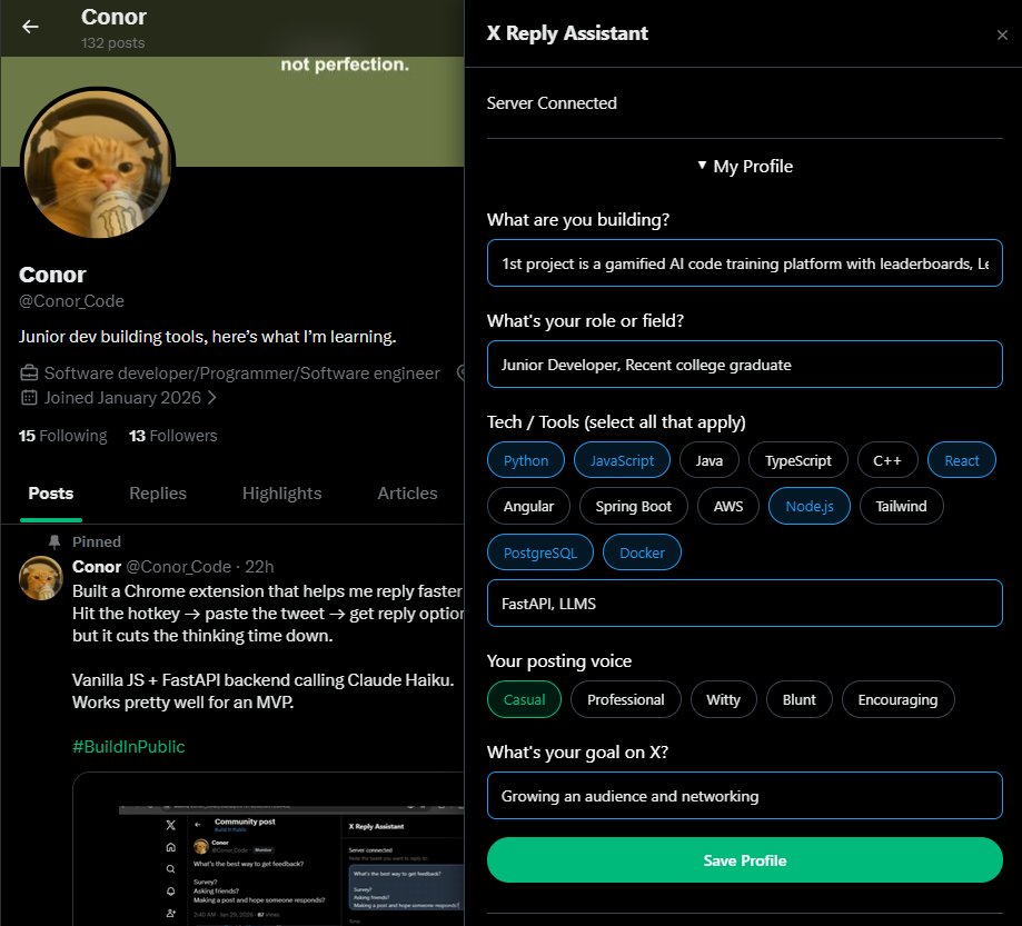 Conor_Code's tweet image. Added user profiles to my X Reply Assistant. 

Now it knows what I'm building, my tech stack, and how I post.

The replies went from good to actually sounding like something I'd write. 

#BuildInPublic