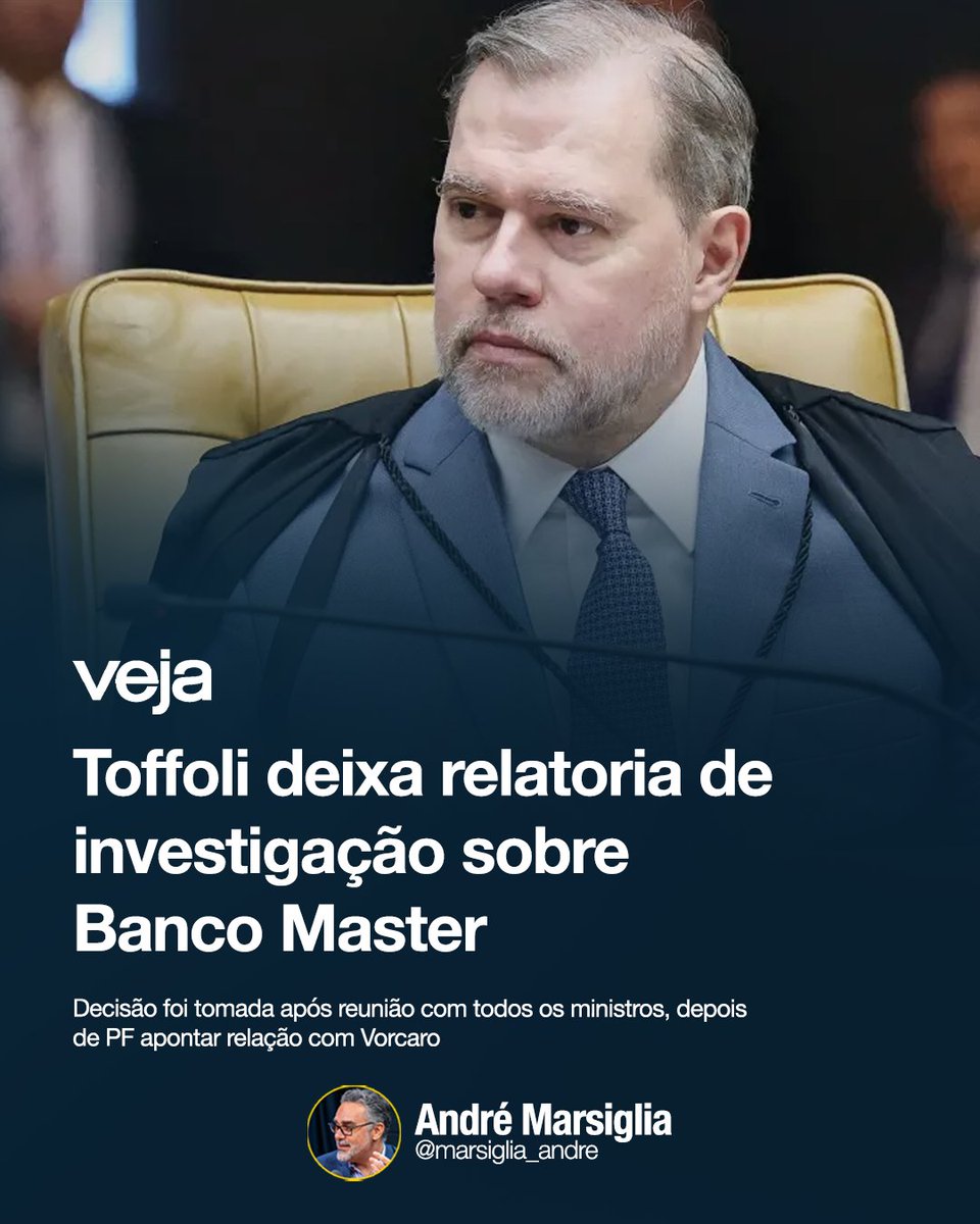 O ministro Dias Toffoli decidiu nesta quinta-feira sair da relatoria da investigação sobre o Banco Master. A decisão foi tomada após uma reunião com todos os ministros do STF, depois da PF apontar relações entre Toffoli e o dono do Master, Daniel Vorcaro.

Oficialmente, os dez