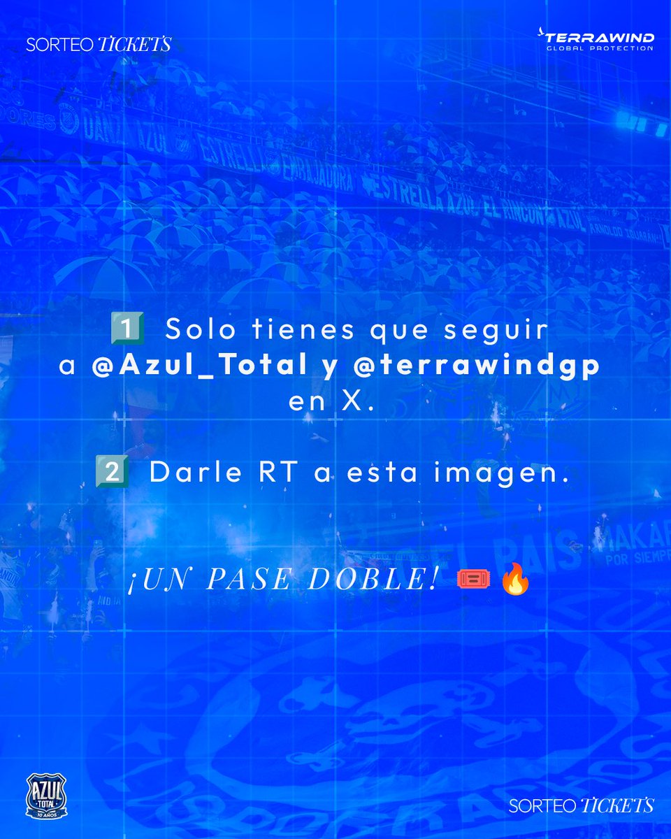 ¡SORTEO! Ⓜ️

👉🏻 𝗔𝘇𝘂𝗹 𝗧𝗼𝘁𝗮𝗹 y 𝗧𝗲𝗿𝗿𝗮𝘄𝗶𝗻𝗱, patrocinador oficial de 𝗠𝗶𝗹𝗹𝗼𝗻𝗮𝗿𝗶𝗼𝘀, te invitan al partido de Liga BetPlay 🆚 Llaneros

1️⃣ Solo tienes que seguir a <a href="/Azul_Total/">Azul Total</a> y <a href="/terrawindgp/">Terrawind Global Protection</a> en X

2️⃣ Darle RT a esta imagen

¡SORTEAREMOS UN PASE DOBLE! 🎟️🔥