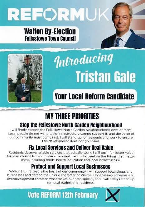 🚨 Reform UK have WON in Felixstowe, Suffolk tonight! 🎉

Well done to our new Councillor, Tristan Gale representing Walton Ward!! 👏
