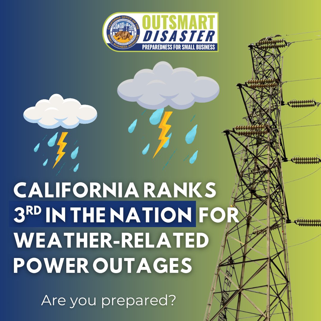 CaliforniaOSBA's tweet photo. 2026 To-Do List: Add preparedness. ⚡ California ranks 3rd for weather-related power outages, yet only 31% of small businesses have a backup generator. Planning during the calm protects your livelihood. Build your Resiliency Roadmap with @OutsmrtDisaster: https://t.co/yMWgQInlWz https://t.co/1CDTFGoN0w
