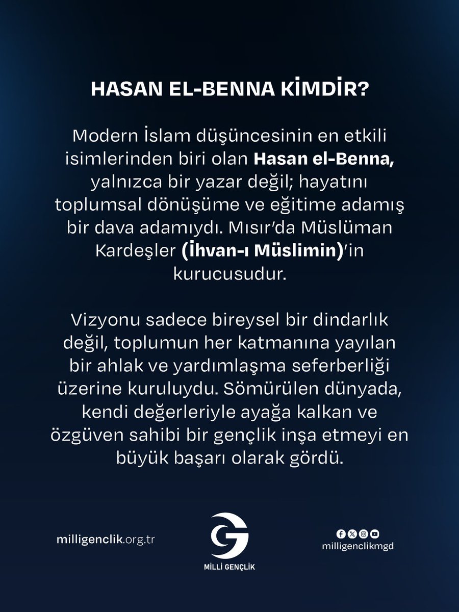 sbeylimgd's tweet photo. "Yarınlar yorgun olanların değil, rahatından vazgeçenlerin olacaktır." diyen Hasan El-Benna'yı vefat yıl dönümünde rahmetle anıyoruz.

#genç #hasanelbenna #milligençlik https://t.co/G0ghln33vj