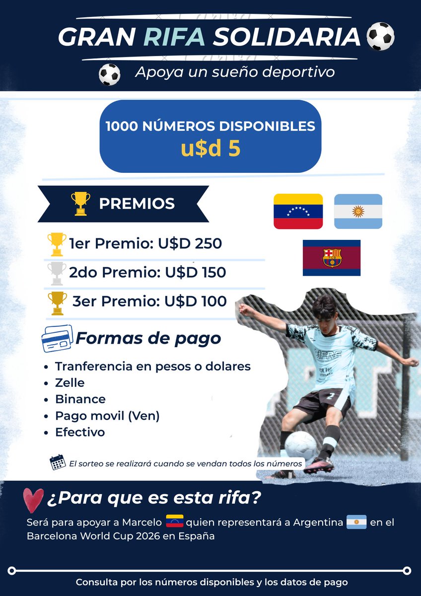 Jhosmar16's tweet photo. Los sueños no se cumplen solos.
Marcelo (Mi hijo) fue seleccionado para representar a Argentina en el Barca World Cup 2026 en España
Años de esfuerzo lo trajeron hasta acá.
Ahora necesitamos ayuda para que pueda viajar.
Si no podés comprar, compartir también ayuda 🤍
Info por DM. https://t.co/csToEveMRk
