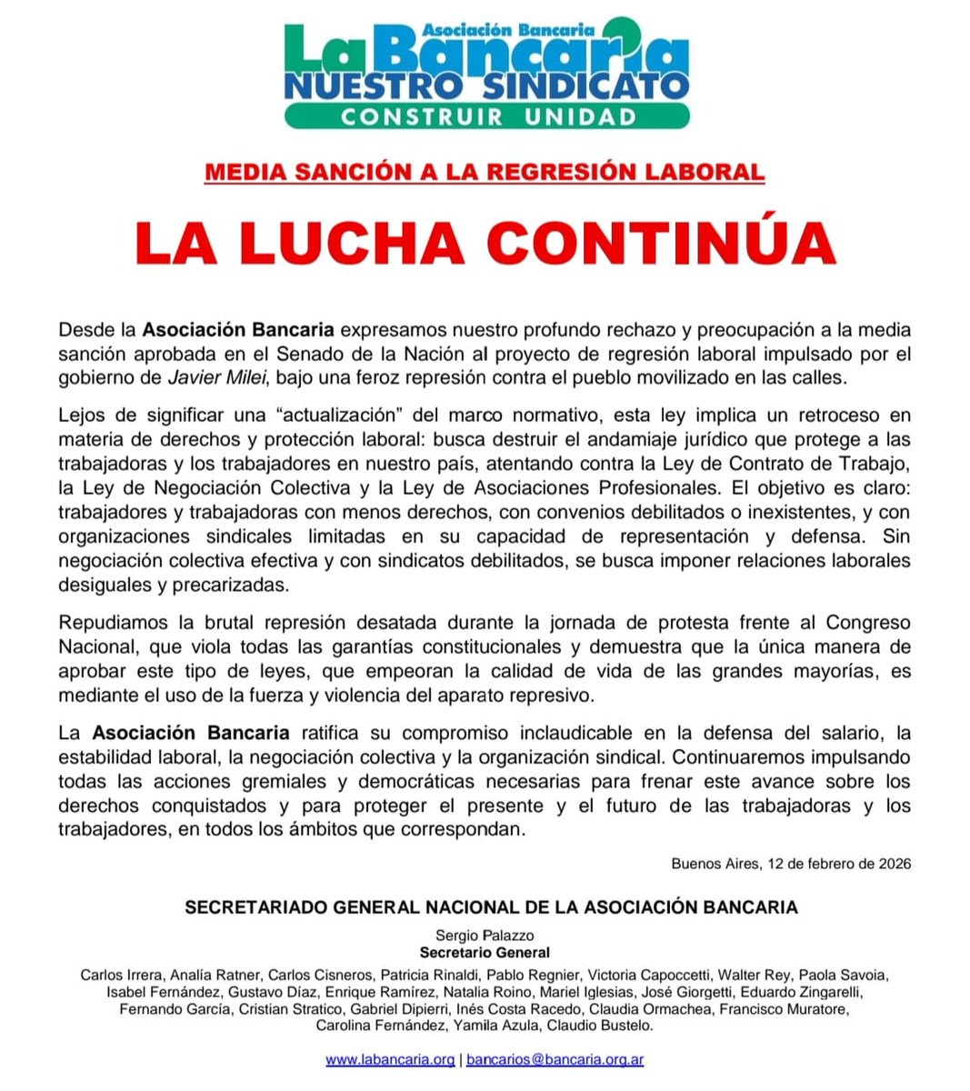 📢 Comunicado 
ANTE LA REGRESIÓN LABORAL, LA ASOCIACIÓN BANCARIA CONVOCA A CONTINUAR LA LUCHA.
Se intentará evitar la media sanción de la #ReformaLaboral en Diputados.
