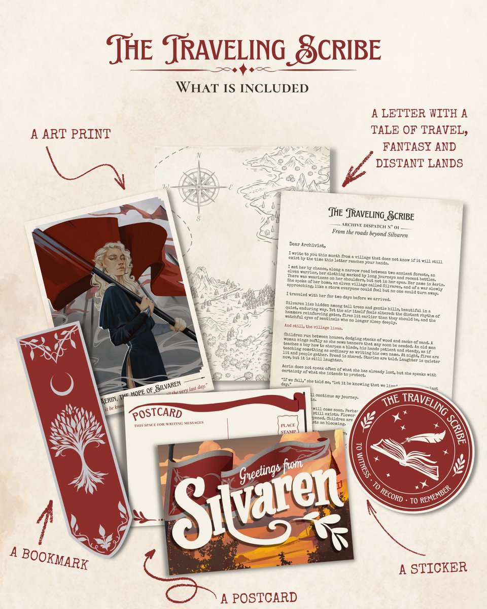 Hiii friends ✨
I started a new small project called The Traveling Scribe, a fantasy mail club! Letters, art &amp; cozy adventures every month 📜🐌