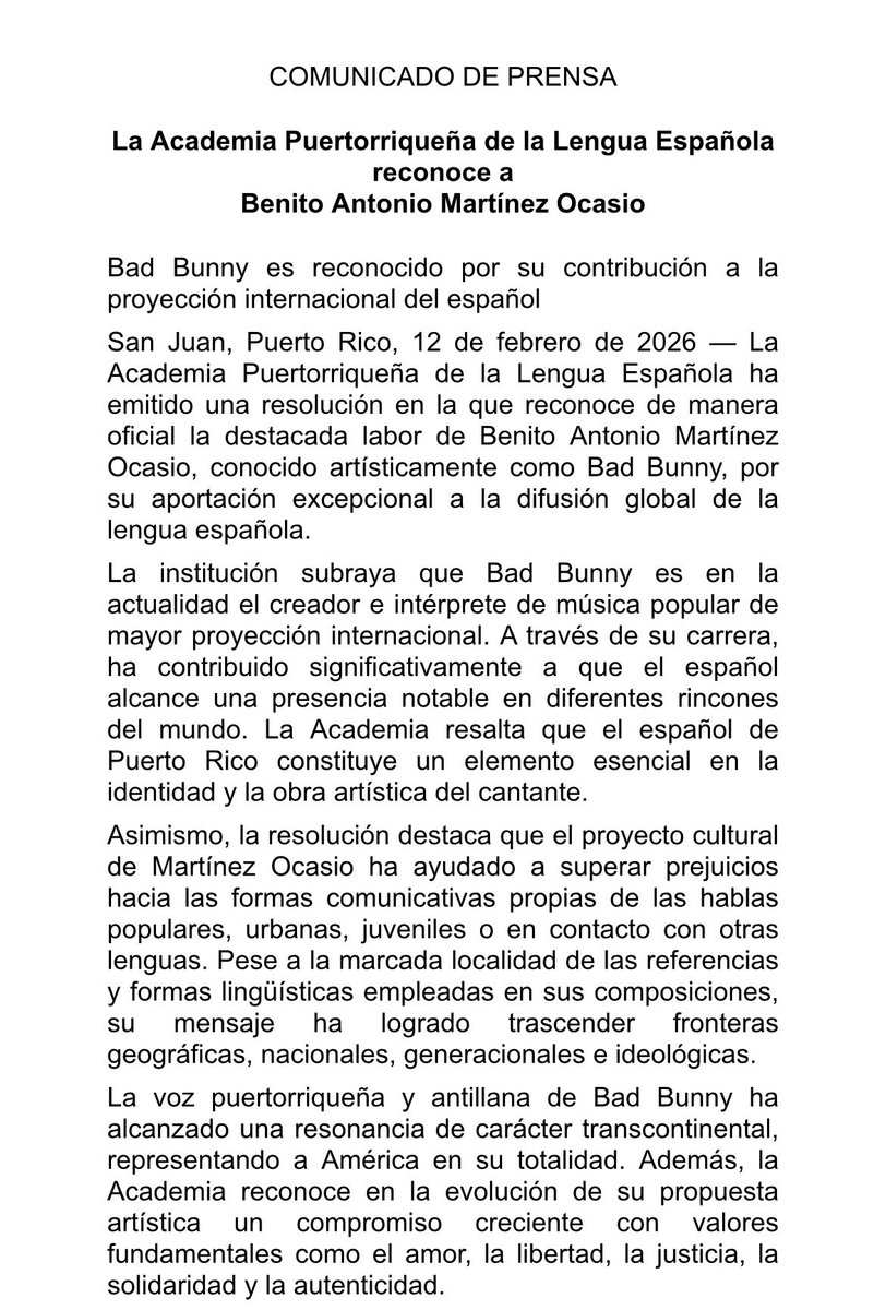 Wow. Esto no lo vi venir 🙌🏼

La Academia Puertorriqueña de la Lengua Española reconoce a Bad Bunny <a href="/sanbenito/">Benito Antonio</a> 🇵🇷