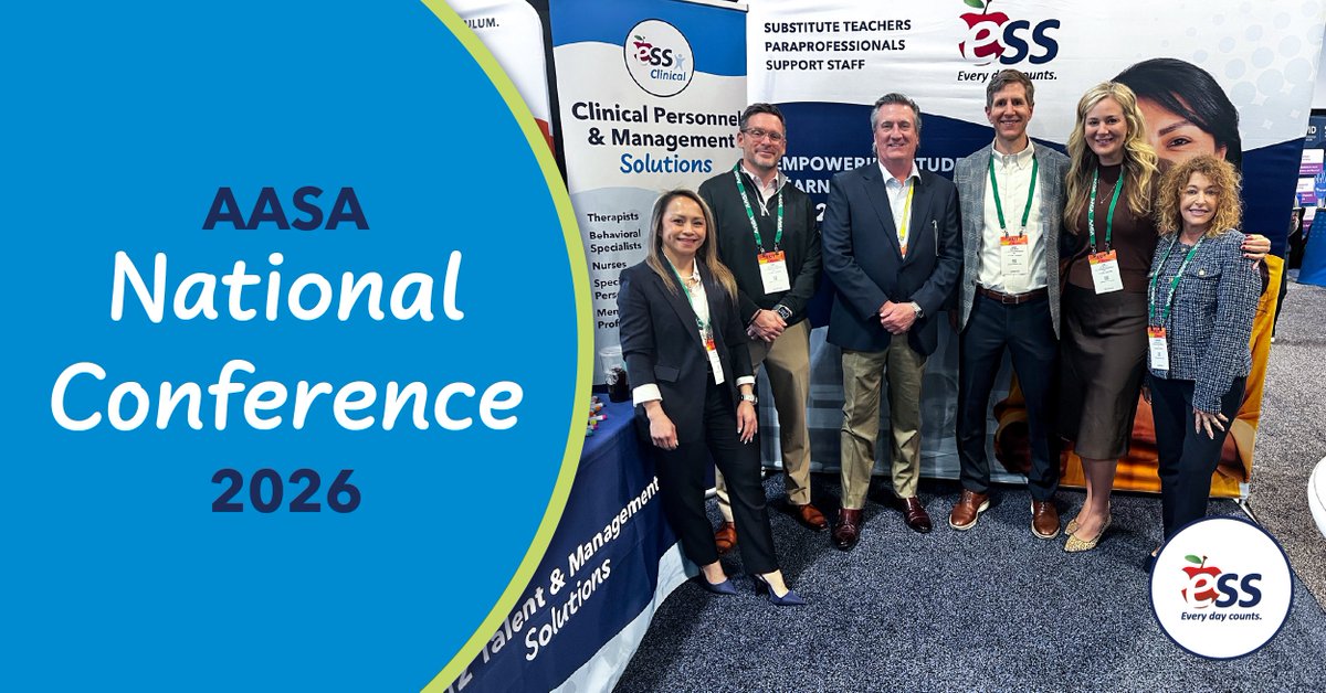 ESSEducation's tweet photo. Missed us today at AASA? No worries! Stop by tomorrow to connect with our team and w\let's chat about how ESS can improve fill rates in your District.
Reliable coverage starts with the right partner.
#EveryDayCounts #ESSEducation #JoinESS https://t.co/s5v6b1tlAJ