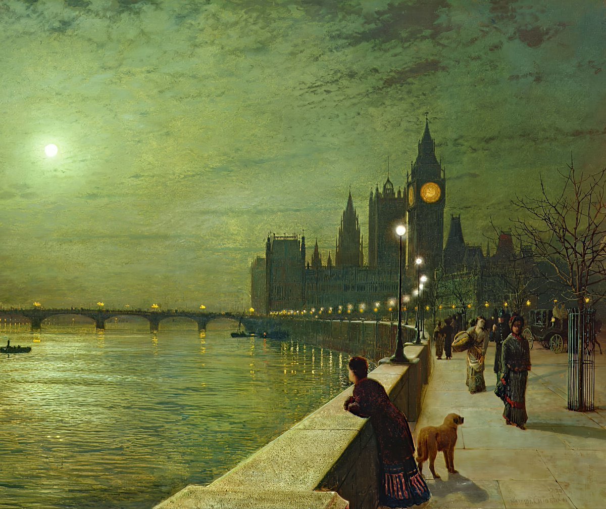 AcademiaAesthe1's tweet photo. John Atkinson Grimshaw - "Reflections on the Thames, Westminster (detail)" (1880) https://t.co/4ioYBVZ5ae