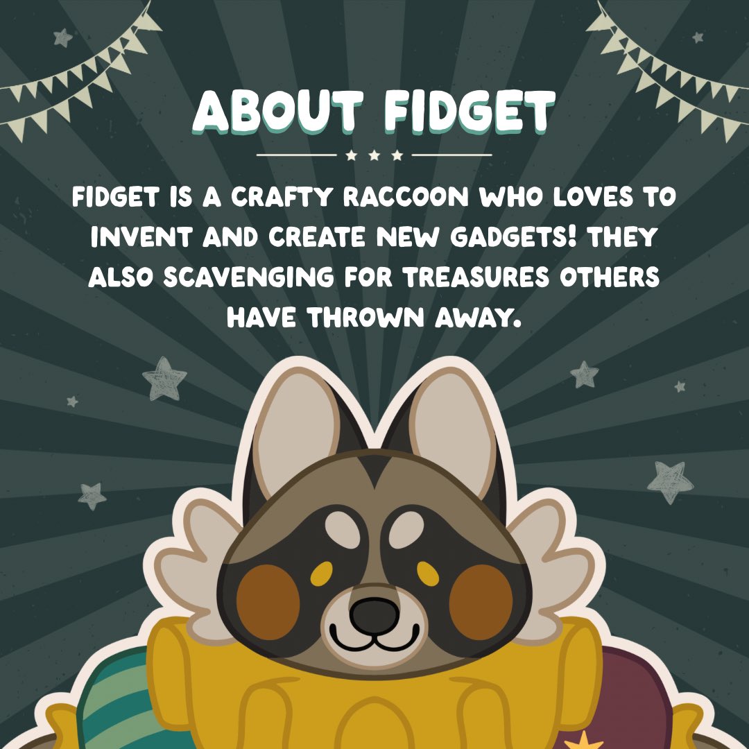 Lizard_Bitt's tweet image. 🦝 MEET FIDGET ⚙️ 

Meet the next clown from Whimsical Woodland, Fidget! Fidget is an inventive little raccoon. They love to scavenge and create new gadgets! Fidget will be available to unlock during our BackerKit campaign next month! 💎

#raccoon #plush #circus #forest #cute