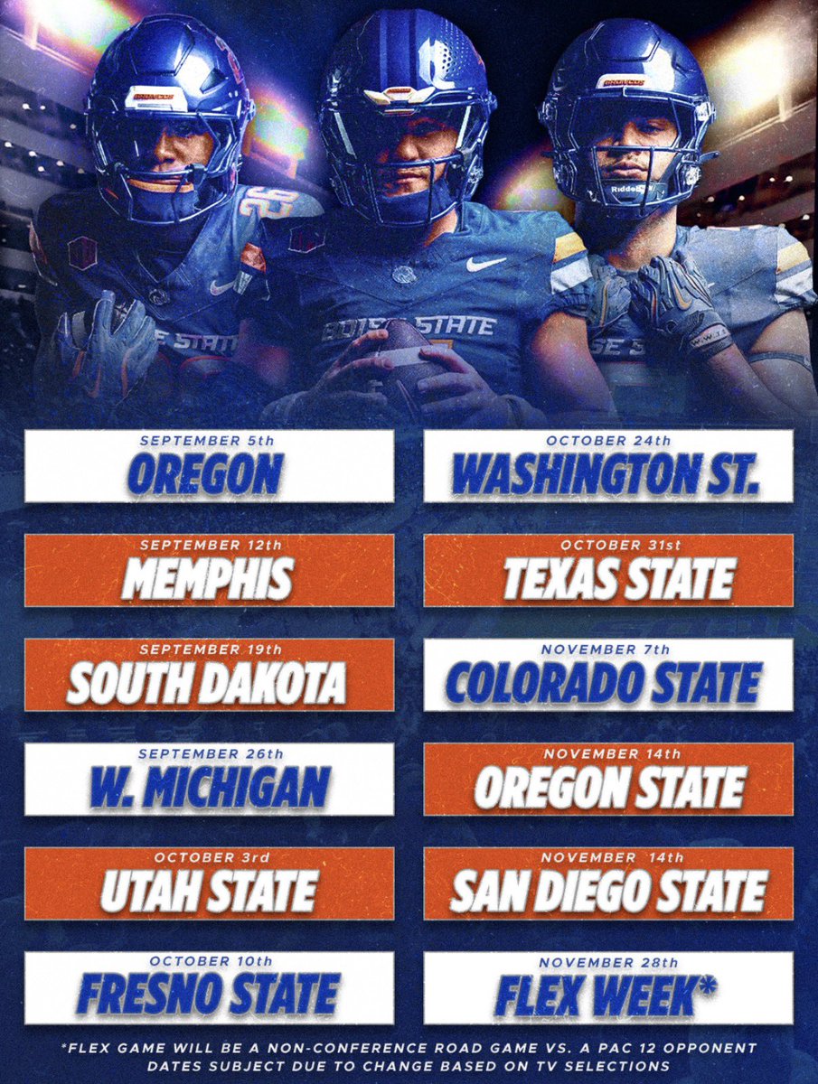 My graphic for the Boise State 2026 football schedule. Still figuring out Photoshop but I like the look of this one!