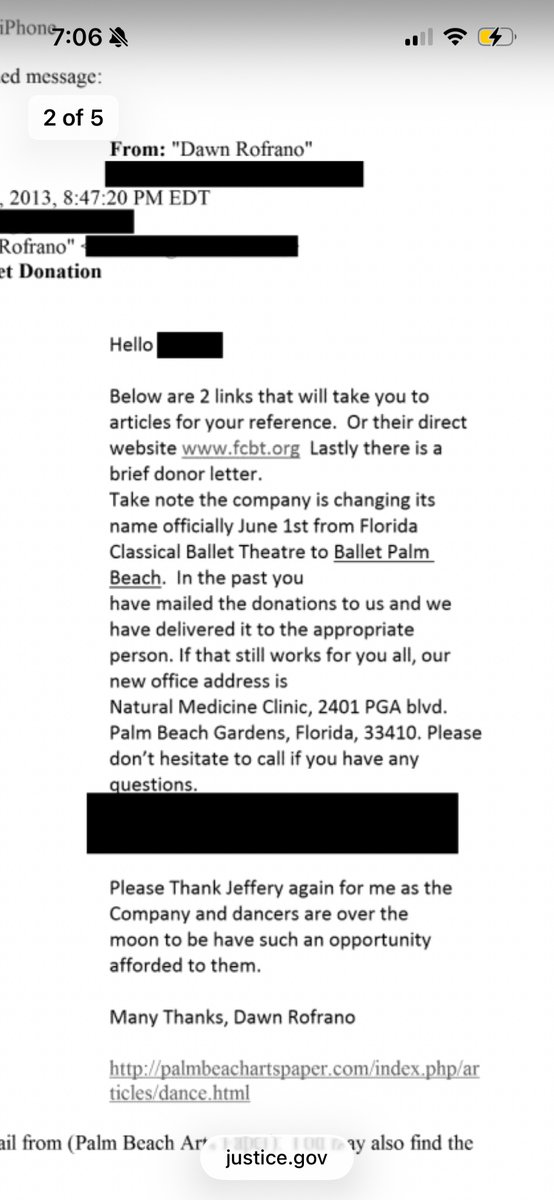 CCrustopherson's tweet photo. 3/ Ballet Palm Beach 

Dawn Rofrano from Palm Beach Arts paper solicits 5k donation in 2013: 
https://t.co/0UJBlPmeVX

Dr. Thomas Rofrano matches donation in email to Epstein:
https://t.co/6MIDMt2HOQ

Colleen Smith also signs:
https://t.co/tO7IawUdrf

https://t.co/Jqk3Xp3dIO https://t.co/SlGdGdGC7n