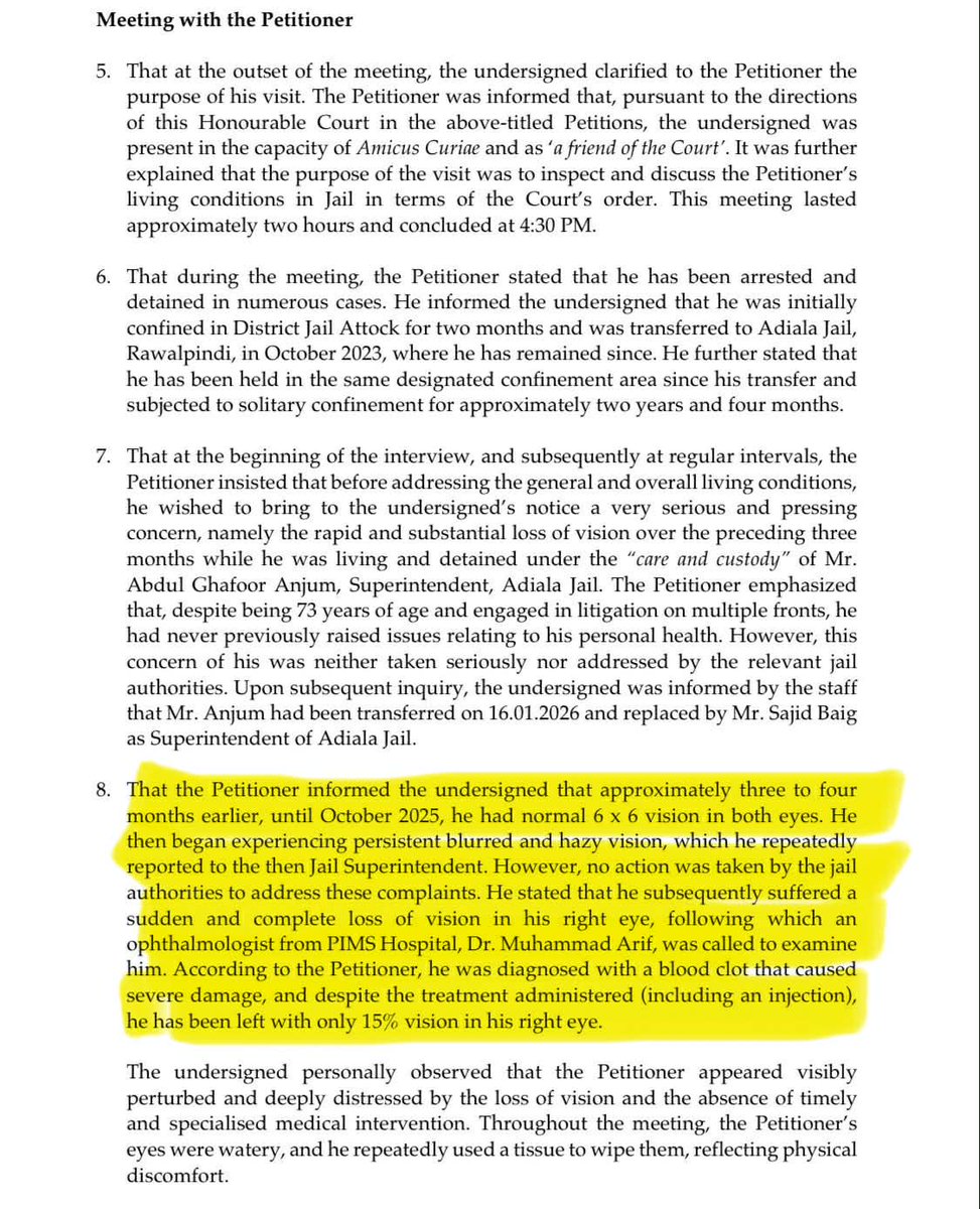 WaqasnawazMD's tweet photo. "Delayed Treatment is No Treatment and it is Nothing but Torture" (Medical Interpretation and contradictions in the Government's Stance)

The point number 8 in the Salman Safdar reports is terrifying. Compare it with the press conference of  PIMS Director Dr Rana Imran Sikandar, it exposes many contradictions in the stance of the government. 

1. As per #8, Imran Khan had been complaining of blurred vision and haziness in right eye since Oct 2025 before which his vision was 6/6. His complaint was ignored by the jail authorities and then he suddenly lost complete vision in the right eye which prompted a visit by Dr Arif in jail.

2. We were told by the PIMS director Dr Rana Imran Sikandar that the doctor who visited IK in Adiala jail "performed eyes tests including slit lamp exam, fundoscopy Intra-ocular pressure measurement and ocular tomography of the retina, based on which he made diagnosis of Central Retinal Vein Occlusion (CRVO) and then recommended intra-ocular injection of anti- VEGF for which Imran Khan was taken to PIMS.

3. But IK reports that he was taken to PIMS when he completely lost vision in his right eye (a point not at all mentioned by the PIMS director), and his vision improved only by 15 % to the date after the injection.

4. We were told by PIMS executive director Dr Rana Imran Sikandar that Imran Khan suffered from CRVO (Central Retinal Vein Occlusion) in his right eye. It is very important to note that it is a time sensitive ailment. The prognosis of the disease and success rate of its treatment depends upon the visual acuity at the time  of presentation, which depends upon the timing. It implies that a delayed presentation means less visual acuity and more chance of a failed treatment. 

As per studies, there are three categories of CRVO when it comes to its prognosis and treatment success:

-Mild: Two-thirds of patients who presented with visual acuity better than 20/40 maintained visual acuity in the same range. (success rate 66 %)

-Moderate: Among patients who presented with visual acuity 20/50 to 20/200, nearly one-half maintained visual acuity in the same range (success rate 50 %).

-Severe: In patients who presented with initial visual acuity of less than 20/200, only 20 percent of patients had some improvement in vision. (success rate only 20 %)

So the success of the treatment and future recovery of the vision depends upon the visual acuity at the time of the presentation.

Now if you read the point 8 of the report again, you will note that the treatment was given only when his vision was completely lost in the right eye. It means his visual acuity must be less than 20/200 (severe category), so the chances of the success of the injection were limited to only 20 %.

How it is Criminal Act:

1. When he was complaining for blurred vision since Oct, he was not offered a complete ophthalmologic assessment that was finally done when he completely lost the vision. Dr Rana Sikandar himself admitted that he was assessed by the ophthalmologist right before he was shifted to PIMS and as per IK, he had already lost complete vision by then. This part was not mentioned by PIMS director at all.

2. If he were offered an earlier assessment, his visual acuity would have been in mild range then that promises 2/3rd (66 %) success rate of the intra-ocular treatment.

3. When he was taken to the PIMS, no medical information was shared with the nation and IK family. No one knows what was his visual acuity at the time of presentation, and what was the prognosis of CRVO in his case?

4. The government kept denying his PIMS visit until it was leaked by journalist @asadullahkhan_. If the sudden loss of vision was being denied by the government, then how can the nation believe that his complaints of blurred vision since October were taken seriously by the jail authorities? There is no mention of an ophthalmologic evaluation from Oct 2025 to Jan 2026 in the pressor of Dr Rana Imran Sikandar. That further confirms these suspicions of the nation that Imran Khan's eye complaints since Oct were trivialized by the authorities.

What should be done now?

The only way to show some humanity and dignity is for the government to form a medical board comprising both government doctors and private ophthalmologists recommended by IK’s doctors, Dr. Faisal Sultan and Dr. Asim Yousaf. They should conduct a complete ophthalmologic evaluation and submit their reports to the Supreme Court.

There is no other way to ensure honesty and transparency. The government has mishandled IK’s case to such an extent that even the most qualified ophthalmologist hired by the government could be pressured into mis documenting findings and would not be considered trustworthy by the nation. Unfortunately, we have stooped to such a level of intellectual dishonesty and corruption. I hope our ophthalmologists will break their silence on this critical issue for the sake of medical oaths they have taken. 

Remember: delayed treatment is no treatment, and it falls under the category of torture and neglect.

--------------------------------------------------

@MoeedNj @ImranRiazKhan @ryangrim @MichaelKugelman @MazMHussain @soulful7867 @amnesty @BarristerGohar @salmanAraja @DrAwab 
@reema_omer