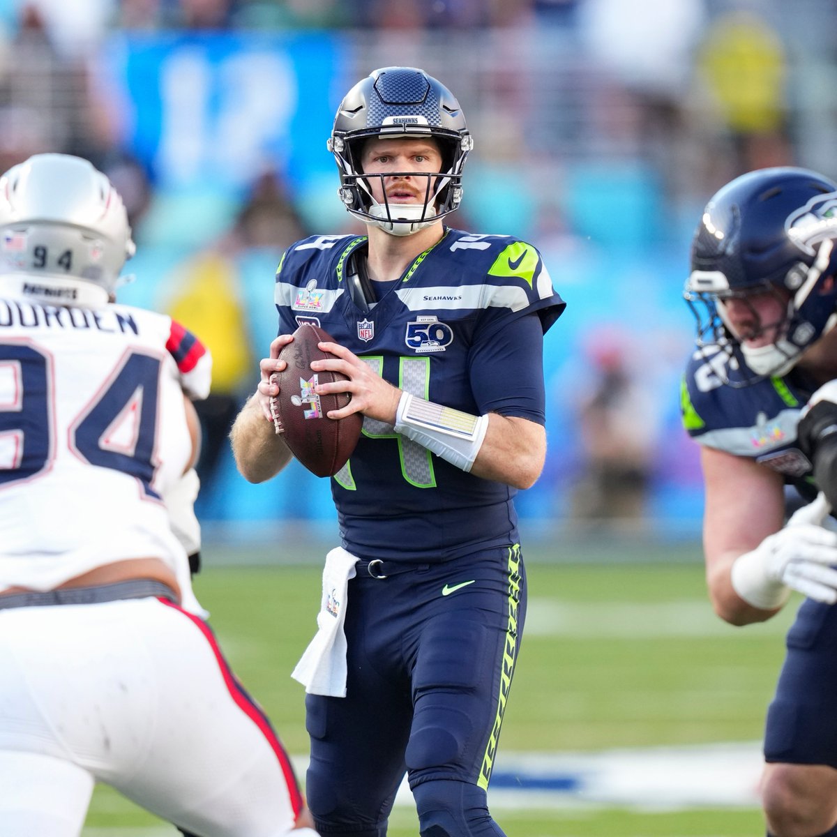 Sam Darnold is the only QB to face a pressure percentage of at least 40.0 in a playoff game and not throw an INT in 2025 😳

<a href="/Seahawks/">Seattle Seahawks</a> | #GoHawks