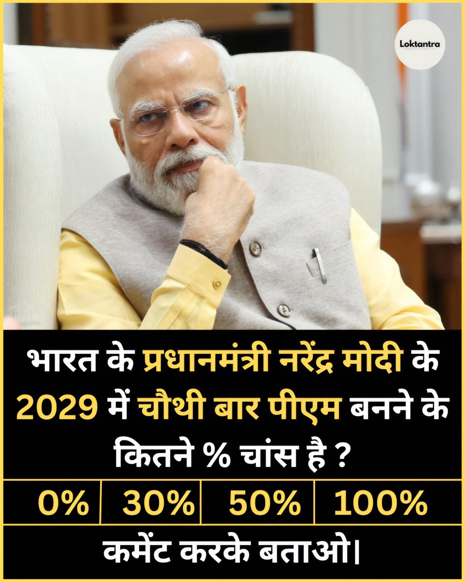 भारत के प्रधानमंत्री नरेंद्र मोदी के 2029 में चौथी बार पीएम बनने के कितने % चांस है ?
Good morning 🌅🌅🌅🌅🌅🌅🌅