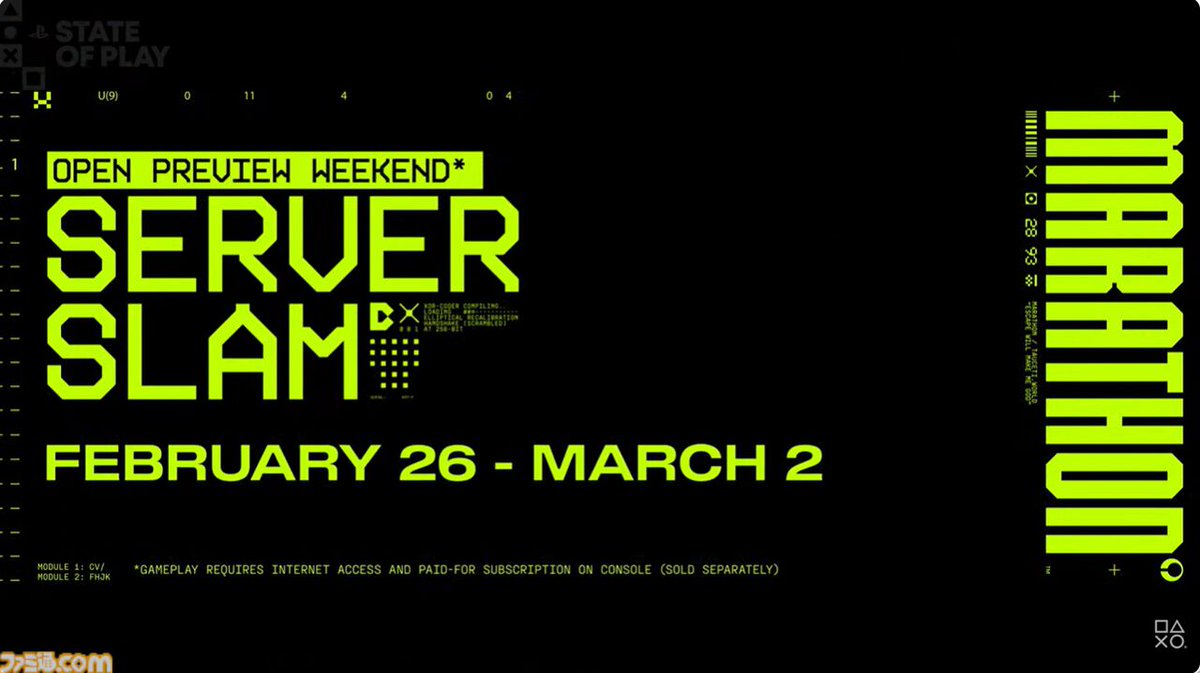 『Marathon』のサーバー負荷テスト“サーバースラム”が日本時間2月27日～3月3日に実施。
famitsu.com/article/202602…

3月6日のローンチに先駆けて全世界のプレイヤーが参加できる。ゲームプレイの導入部分がプレイ可能。

#StateofPlay