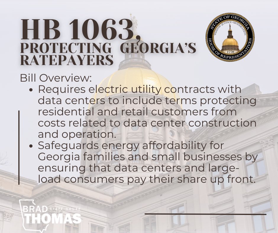 Today, I introduced House Bill 1063 to ensure that Georgia ratepayers aren't footing the bill for data centers and other large-load consumers. #HD21 #DeliveringResultsForCherokee