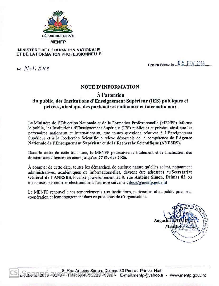 MENFP_Education's tweet photo. Note d’Information 

À l’attention du public, des Institutions d’Enseignement Supérieur (#IES) publiques et privées, ainsi que des partenaires nationaux et internationaux

https://t.co/SdeB3Y9ES2 https://t.co/Wbh5VvM5cM
