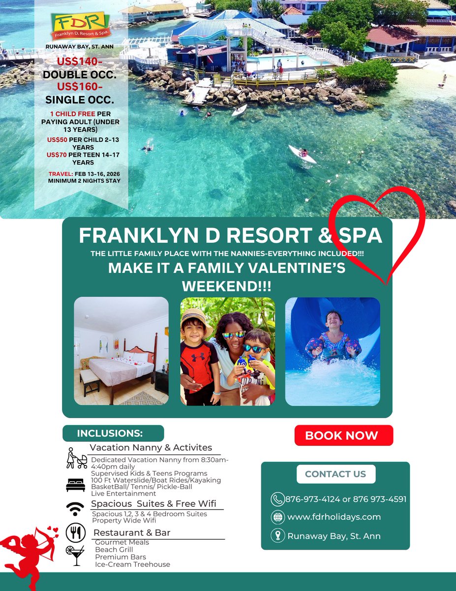 Bring the family and celebrate Valentine’s Weekend at the All-Inclusive FDR! We’ve got the kids covered—1 child stays FREE per paying adult, plus a FREE dedicated Vacation Nanny for every family. Relax, reconnect and enjoy Valentine’s Weekend while we handle the childcare.