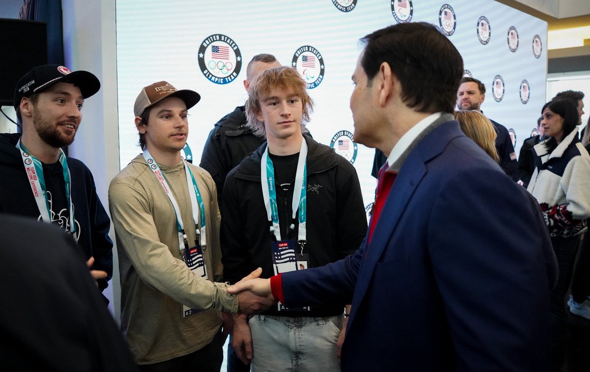 SecRubio's tweet image. Glad to be with @VP Vance in Milan to meet our @TeamUSA Winter Olympics athletes. Proud of your dedication as you represent the best of American excellence. Let's go Team USA 🇺🇸