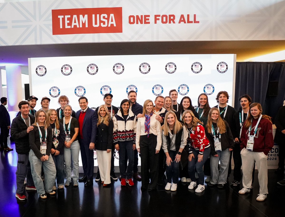 SecRubio's tweet image. Glad to be with @VP Vance in Milan to meet our @TeamUSA Winter Olympics athletes. Proud of your dedication as you represent the best of American excellence. Let's go Team USA 🇺🇸