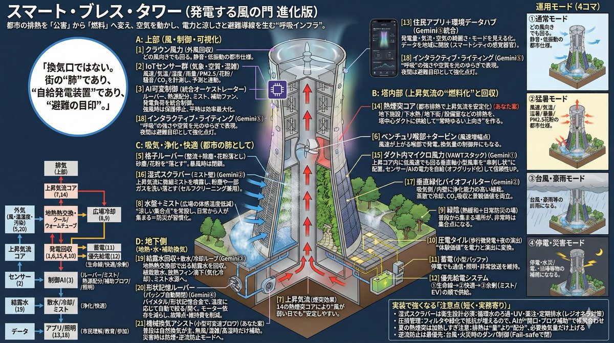 hopeget2's tweet photo. 改良統合版システム概要：RUBIS 風塔（循環ハブ＋延焼遮断＋熱ネットワーク）
1. 目的
風塔を「単体設備」から、**複合収益・資源循環・防災（延焼遮断）**を兼ねる 都市コアインフラへ進化させる。
占有スペースを“損失”にせず、平時の収益で維持更新費を内包し、非常時には **最低限の生活機能（換気・熱・電力・避難）**を残す。
2. 核心コンセプト（統合の芯）
A) 占有スペースを資産化
風塔周囲を ドーナツ／コの字型の複合建築で囲い、賃貸・集客・公共機能を重ねることで、塔の面積損失を **“複合収益物件”**に転換。
B) 風任せを終わらせる（排熱で安定化）
建物排熱や温水系から **熱だけを回収（空気は混ぜない）**し、煙突効果をブースト。
無風時も換気を安定化し、臭気・感染・逆流などのリスクを構造的に回避する。
C) 地下はデフォルト孤立、繋ぐなら短距離・目的限定
地下連結は「やれば得」ではなく、メリットが明確な場合のみ。
繋ぐなら **短距離（例：50m級）**で、避難・保守・最小限の融通に限定。
防火・止水で分節し、浸水時に切り離せる。
D) “使える物は使い倒す”循環コア化
生ゴミ（段階導入で排泄物も）を密閉回収し、嫌気性消化で メタン（熱・電力）＋堆肥に変換。
堆肥は屋上/屋内農園へ、野菜はカフェ・レストランで活用し、循環を可視化して合意形成を強化。
E) 消防は「消火」より「延焼遮断」
消防塔（延焼遮断塔）機能を統合し、火災時は 火の粉・輻射熱・煙侵入の3要因を遮断。
“燃え広がらない街”を作る。
3. システム構成（モジュール）
3.1 地上：複合収益・公共・象徴性
1F：カフェ/防災備蓄/コミュニティ/教育展示
上層：住居・オフィス・コワーキング（賃貸収益）
屋上：太陽光・蓄電・通信・展望（観光/広告/防災）
3.2 塔本体：換気・環境制御
シャフト（煙突）、整流・消音、必要最小限の補助ファン
センサー（気象・空気質・振動・騒音）＋制御（AI/IoT）
夜間モード／住民向け“見える化”
3.3 熱モジュール：排熱＋地中熱（都市部向け）
排熱は 熱交換器で熱のみ回収
地中熱HP＋BTES/PCM（都市部に適合、ピーク平準化）
目的：換気の安定化＋冷暖房省エネ＋熱の地産地消
3.4 循環モジュール：バイオガス＋堆肥＋農園＋飲食
生ゴミ：密閉回収（負圧・脱臭）→嫌気性消化
メタン：給湯・床暖房・必要に応じ発電（CHP）
残渣：堆肥化→屋上/屋内農園→カフェに供給
ねらい：平時の収益＋非常時の熱源確保
3.5 消防モジュール（延焼遮断塔）
火の粉ブロック：風下に水幕ライン形成
輻射熱シールド：避難路・境界の温度上昇抑制
正圧防煙：駅入口・地下入口・避難室など限定空間を守る
3.6 地下モジュール：直下設備室＋条件付きリンク
直下：ファン・制御・ポンプ・排水・止水ゲート
連結：短距離・目的限定（避難/保守/融通）
分節：防火扉・止水ゲート・逆流防止・切離し手順
4. 成立の鍵（設計の3原則）
空気は混ぜない（熱だけ移す）
→ 臭気/感染/逆流の政治的リスクを最小化
メンテ導線最優先（止まらない設計）
→ 保守リング、床パネル式、MEP回廊で“開けて交換”
分節・切離しがデフォルト
→ 地下連結・火災・浸水時の波及を遮断
5. 平時と非常時の価値（“二毛作”）
平時（収益＋快適）
賃貸・飲食・農園・堆肥販売
省エネ（排熱＋地中熱）
都市の見える化（環境・健康）
非常時（生存支援）
最低換気・避難誘導
延焼遮断（火の粉/熱/煙）
熱源確保（メタン給湯・暖房）＋最小電力（蓄電/CHP）
6. 導入ロードマップ（通しやすい順）
Phase 0： 象徴化＋見える化（カフェ・展示・センサー公開）
Phase 1： 排熱“熱のみ”回収＋地中熱HP/蓄熱（都市で確実に効く）
Phase 2： 生ゴミ→バイオガス（敷地内完結、段階導入）
Phase 3： 延焼遮断モード実証（訓練・デモ・AR体験）
Phase 4： ネットワーク化（塔間連携・地下短距離リンク）
7. 一文で言うなら（提案の芯）
風塔を、都市の「呼吸」「循環」「延焼遮断」を担う複合収益ハブにする。
捨てるコストを資産に変え、平時の利益で非常時の強さを買う。
