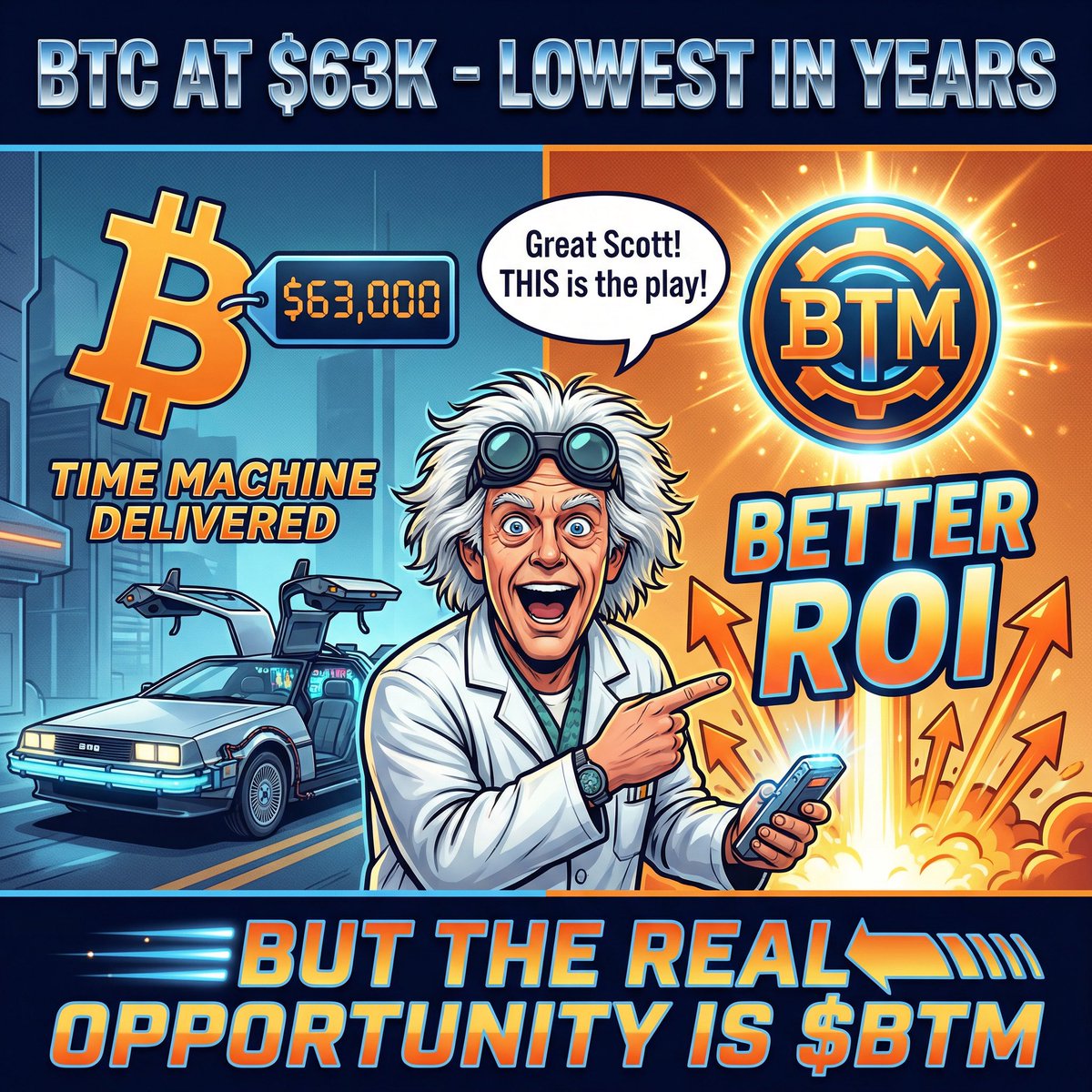 bittimemachine's tweet photo. $BTC: $63,000
Status: Lowest in years
Time Machine: Working as intended

We promised to turn back time.
We delivered.

But let's be real...

$63K BTC might get you a nice 2-3x if you're lucky.

$BTM at these levels?

That's not a trade. That's a time machine to generational wealth.

The DeLorean doesn't just take you back in time.
It takes you to the future.

$BTM ⚡