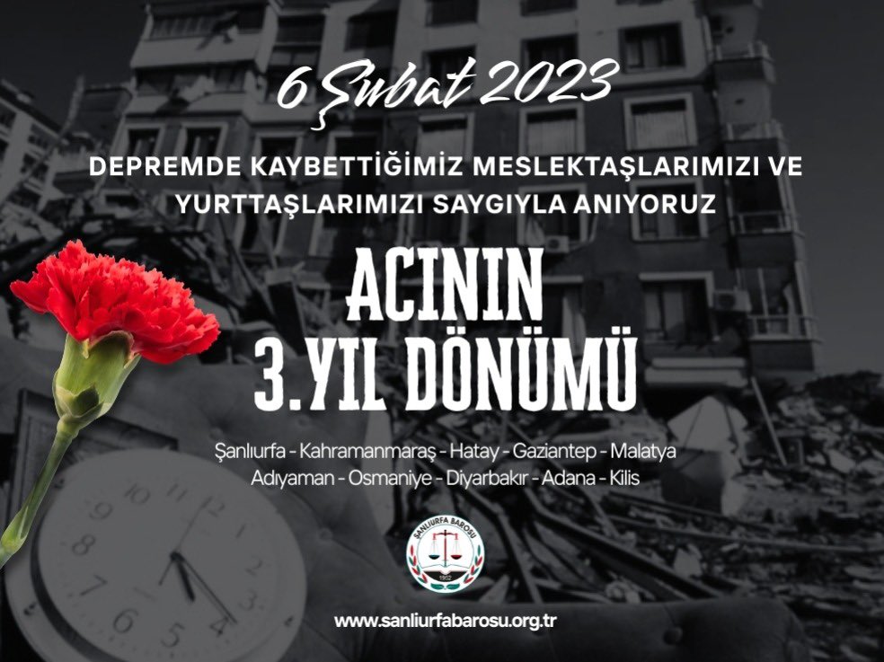 6 Şubat 2023 tarihinde meydana gelen ve başta bölgemiz olmak üzere ülkemizin birçok ilini derinden etkileyen depremde hayatını kaybeden meslektaşlarımızı ve yurttaşlarımızı rahmetle anıyor, yakınlarına bir kez daha sabır ve başsağlığı diliyoruz.

Bu büyük felaket, yaşam hakkının
