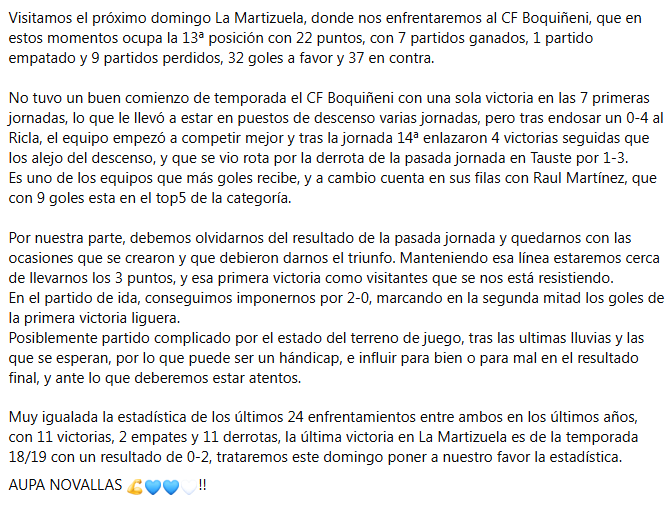 📊PREVIA
🏆1ª Regional G3
⚽️Jornada 19
🆚CF BOQUIÑENI - CD NOVALLAS
🥇13º🆚10º
📅Domingo 8-02-2025
🕙16:00 Horas
🏟 La Martizuela
📌Boquiñeni
🔵🔵⚪️#aupanovallas⚪️🔵🔵