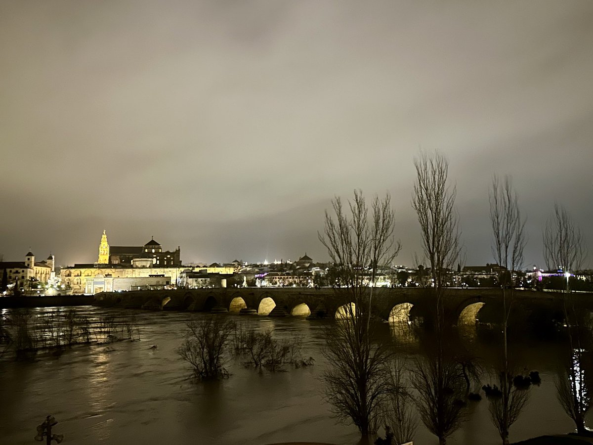Córdoba ahora. Gran crecida Guadalquivir. Calado 5 m.l.a. y subiendo. Dobla umbral rojo. #alerta #desalojos
