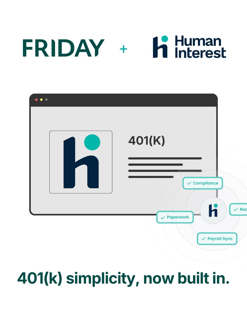 FridayAppHQ's tweet photo. 401(k) simplicity, now built in✨

We launched our integration with @humaninteresthq  🎉
Now you can offer a 401(k) without the usual back and forth. 

It’s integrated, straightforward, and built for the way small businesses actually run ✅ https://t.co/a0jbG4fRtP