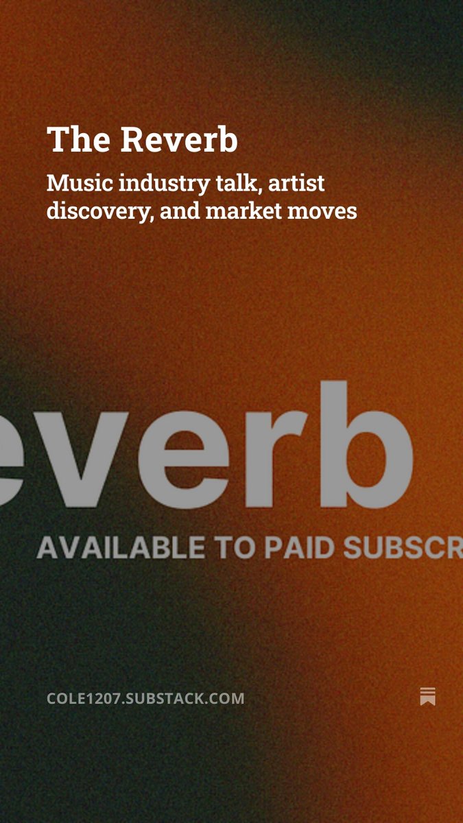 ColeJackson12's tweet photo. The first edition of The Reverb is live.

One music industry story + my take, a spotlight on an under-the-radar artist, an artist stock check-in, and a rotating section.

This issue is free to sample. Future editions will be for paid subscribers only.

https://t.co/3EykUPnTnZ https://t.co/cgbybkV4BG