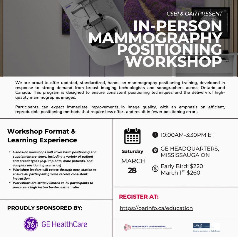 CanadaSBI's tweet photo. 🩻 In-Person Mammography Positioning Workshop
Hands-on, standardized training to improve image quality &amp; positioning efficiency.

📅 Sat, Mar 28 | 10:00–3:30 ET

📍 GE HQ, Mississauga | 👥 Limited spots

🔗 Register: https://t.co/9z0AeOxZ3X https://t.co/lLfJKu3zsb