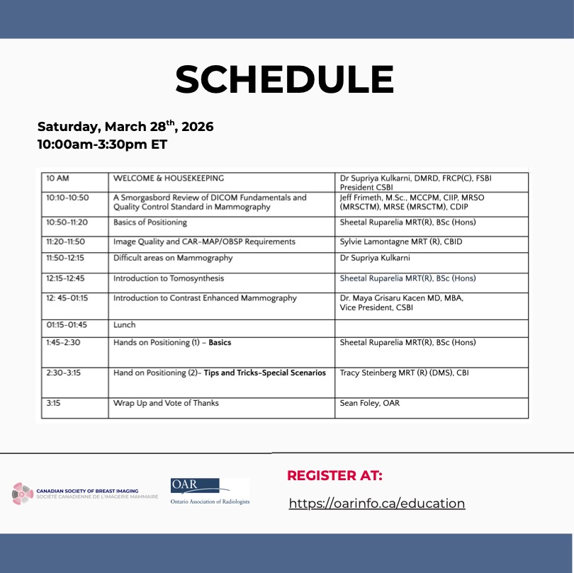 CanadaSBI's tweet photo. 🩻 In-Person Mammography Positioning Workshop
Hands-on, standardized training to improve image quality &amp; positioning efficiency.

📅 Sat, Mar 28 | 10:00–3:30 ET

📍 GE HQ, Mississauga | 👥 Limited spots

🔗 Register: https://t.co/9z0AeOxZ3X https://t.co/lLfJKu3zsb