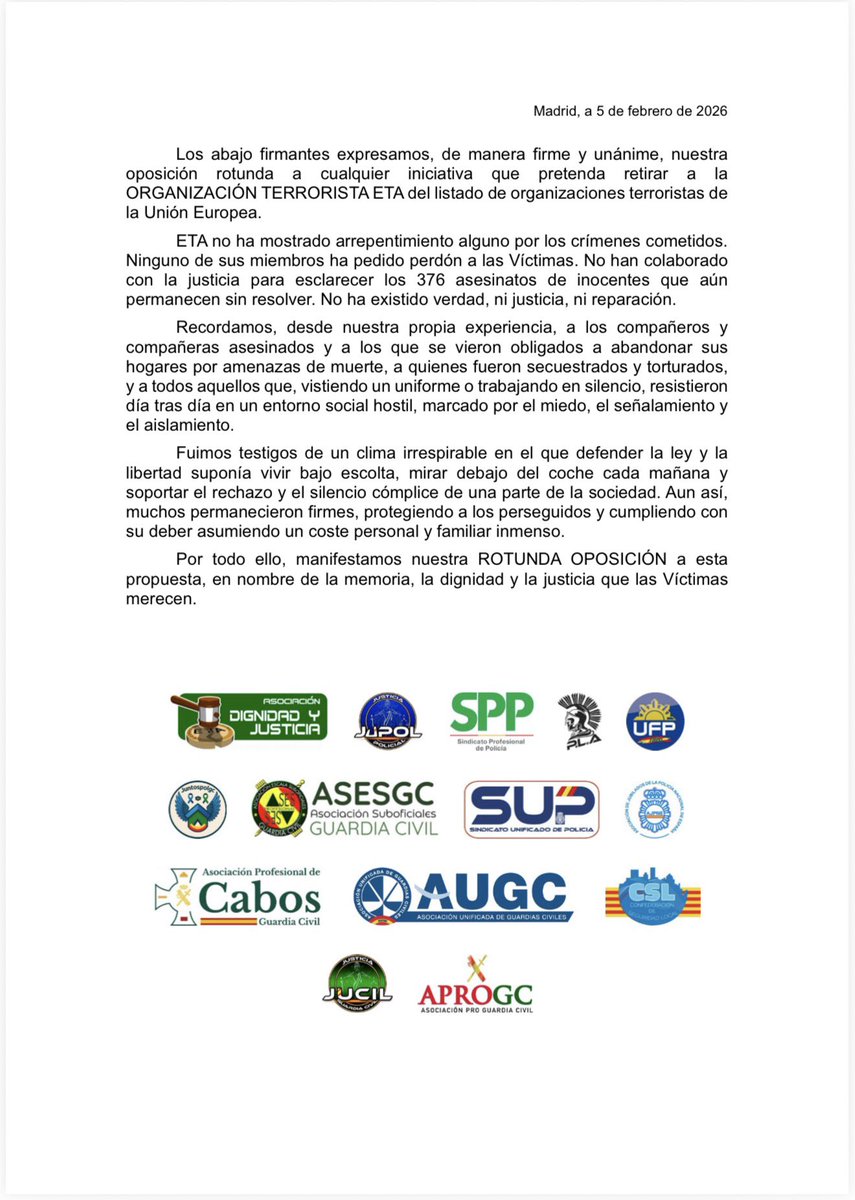 apcabos's tweet photo. 🛑 Comunicado conjunto de asociaciones y sindicatos de la Guardia Civil y la Policía.

❌ Rotunda oposición a cualquier iniciativa que pretenda retirar a ETA del listado de organizaciones terroristas de la UE.

🕯️ Memoria, dignidad y justicia para las víctimas.

#ConLasVíctimas #NiOlvidoNiImpunidad #GuardiaCivil