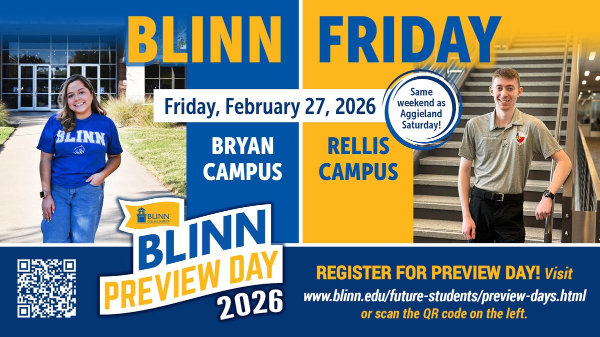 BlinnCollege's tweet photo. We can't wait to meet you! Register now for our upcoming Preview Days!
π·#BlinnBryan and Texas A&M-RELLIS--Feb. 27
π·#BlinnSchulenburg--April 9
π·#BlinnBrenham--April 10
Visit https://t.co/w8zhcSVtDg to sign up.
@BrenhamISD @BryanISD @CSISD @NavasotaISD @CaldwellISD https://t.co/xIhe5BoFEY