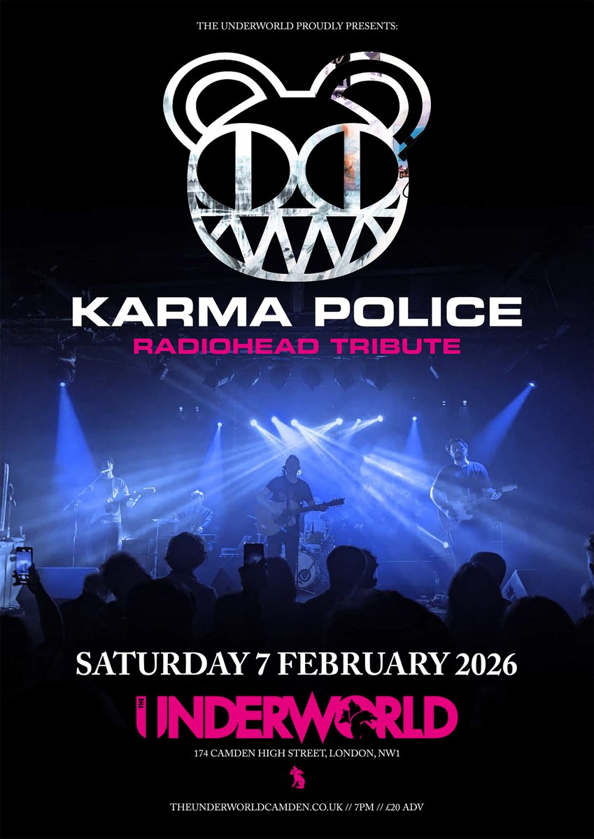 TheUnderworld's tweet photo. SATURDAY 😎 Delving deep into the back catalogue of the cult anthems that shaped a generation, @KarmaPolice115 tribute to @Radiohead, returning to @TheUnderworld, Sat 7 Feb, with after party at @CamdenRocksClub.

FINAL TIX 🎟️ https://t.co/7e7krjNwMC

🎶 https://t.co/ZSB81DTLPW https://t.co/pavC1l5B0C