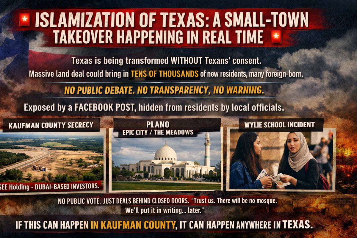 🚨 ISLAMIZATION OF TEXAS: A SMALL-TOWN TAKEOVER HAPPENING IN REAL TIME

Texas is being transformed without Texans’ consent.

While families in Kaufman were living their lives, a massive land deal was quietly moving forward behind closed doors -  one that could import 20,000+