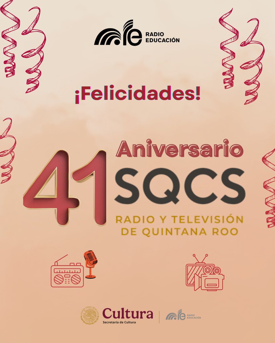 RadioEducacion's tweet photo. En #RadioEducación felicitamos al gran equipo del @sqcsradioytv por su 41 aniversario. Un año más de ofrecer contenidos que difunden la identidad y cultura al servicio de la sociedad #Quintanarroense 📻📺

#RadioEducaciónFelicidades #SQCS 🥳 #MásCercaDeTi https://t.co/a4vO3oMKNF